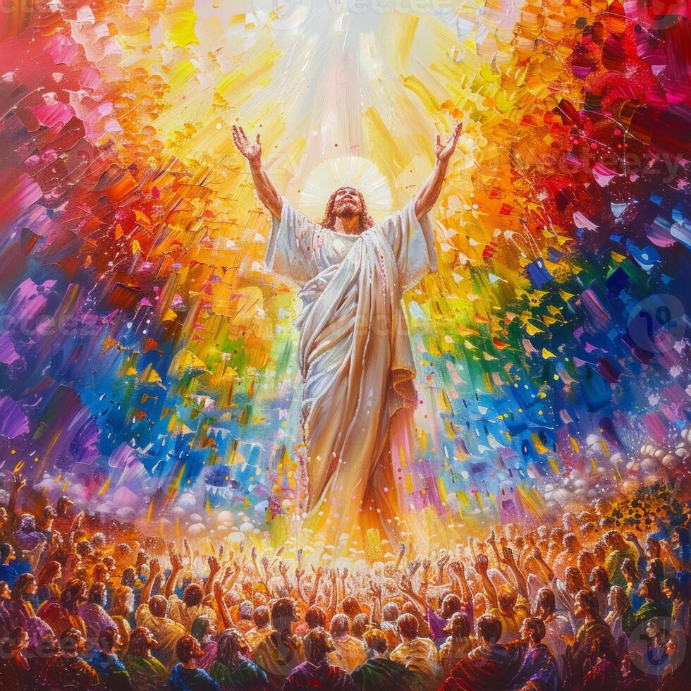 joyful crowd gathers to welcome Jesus into Jerusalem celebrating his arrival with raised hands and excitement. The atmosphere is filled with vibrant colors symbolizing hope and triumph. photo