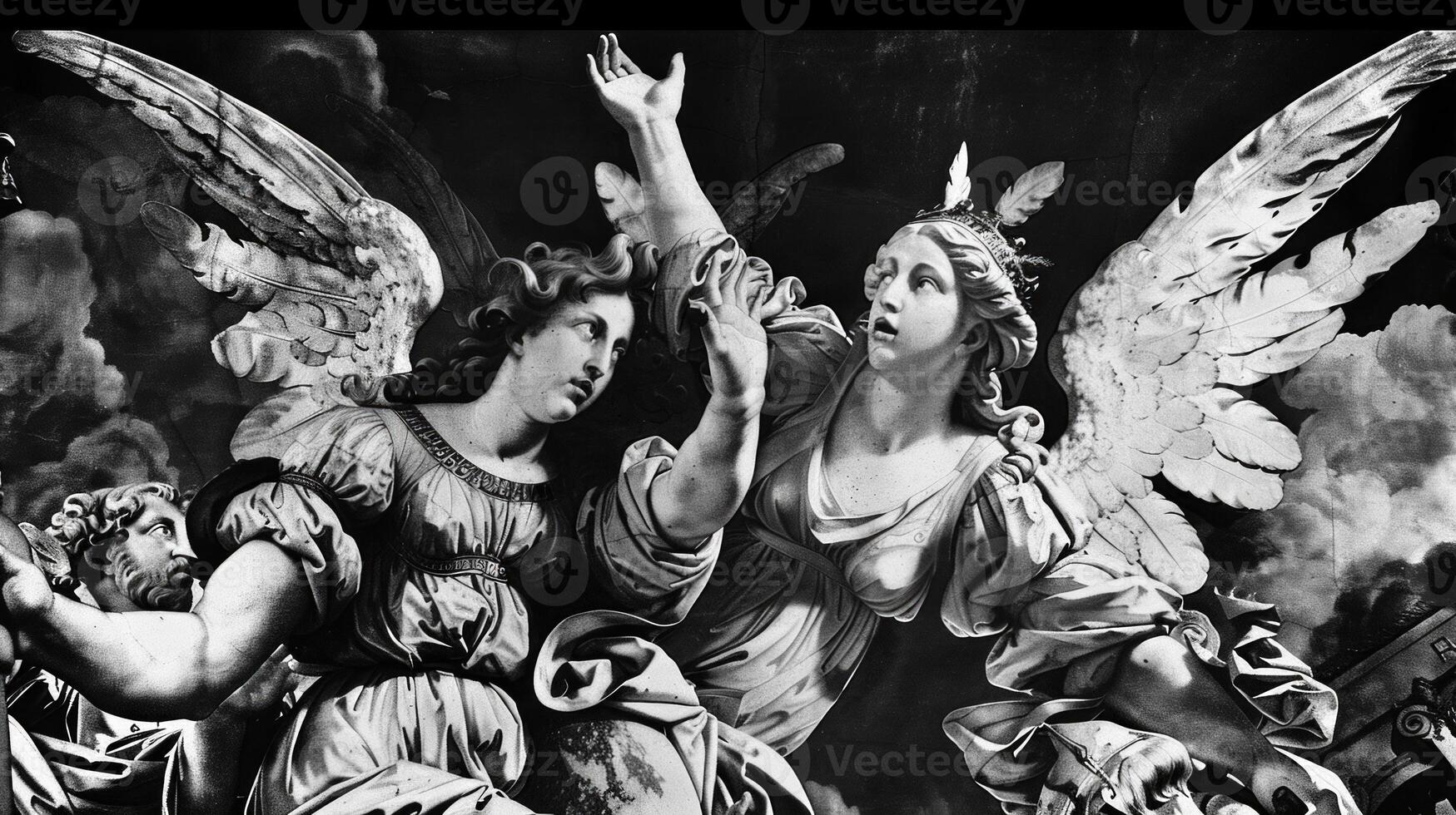 David and Bathsheba are depicted with angels in a moment filled with emotion and divine influence surrounded by dark dramatic clouds that enhance the scenes intensity. photo