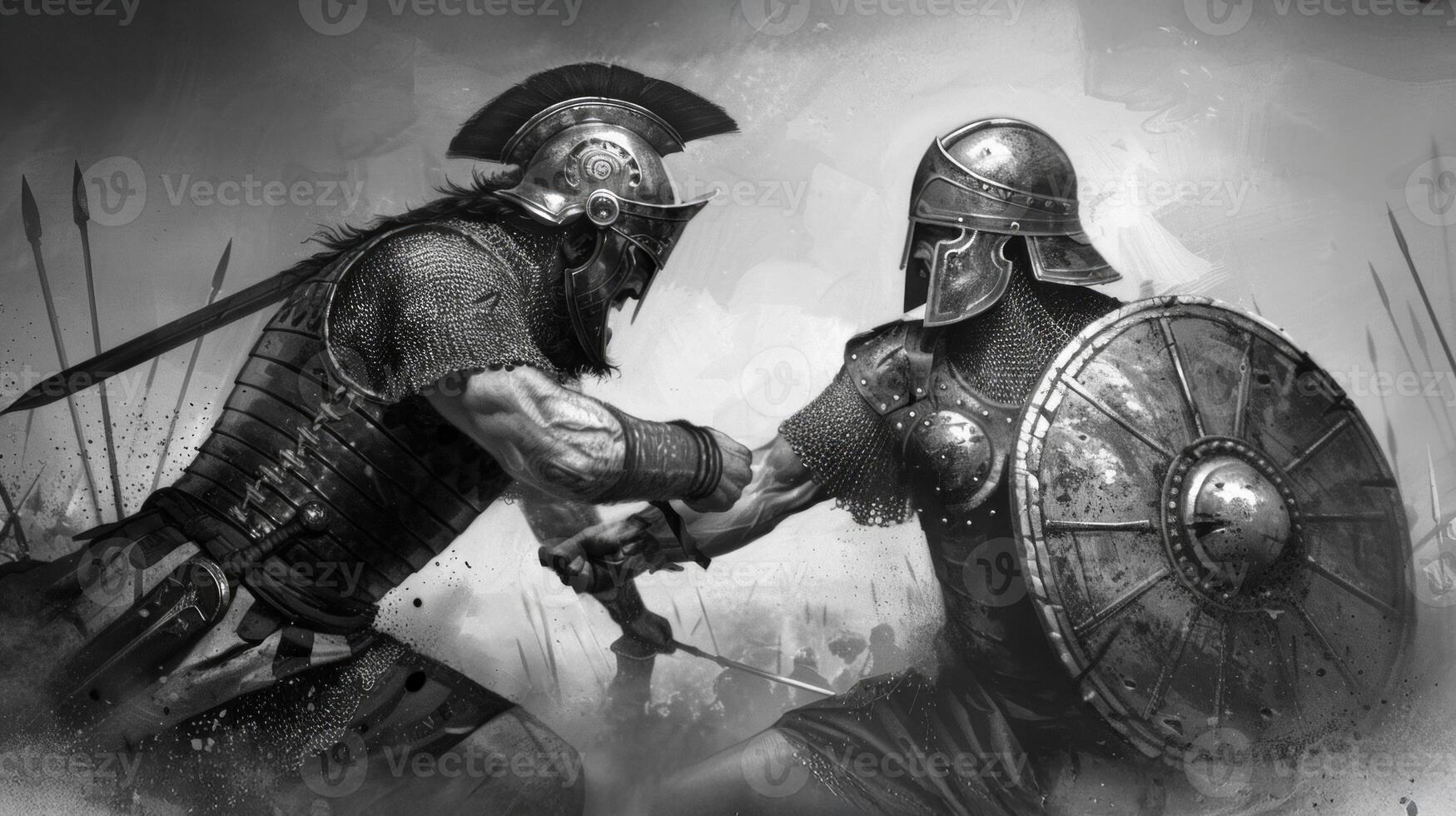 In a dramatic confrontation David a young warrior engages Goliath a giant showcasing courage and determination in a historic biblical setting. photo