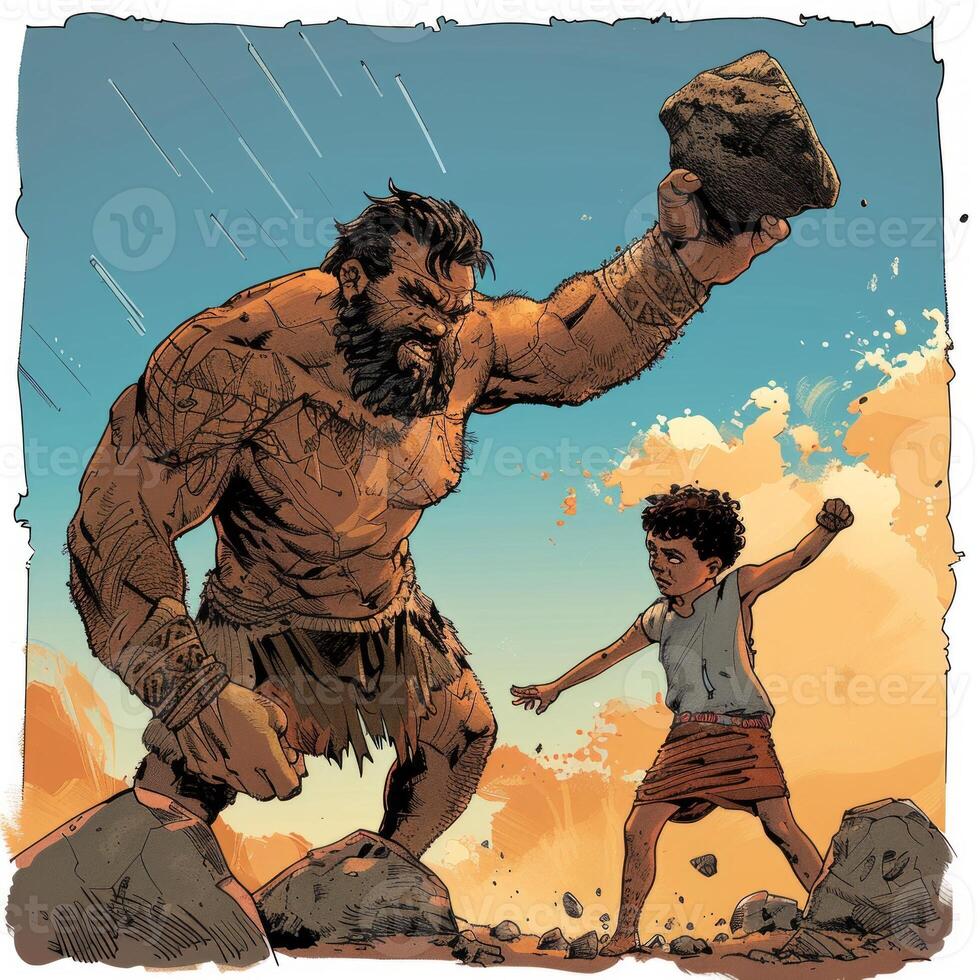 young shepherd boy stands defiantly against a towering giant ready to face his fate on a rocky terrain. Stormy skies amplify the tension of this legendary moment. photo