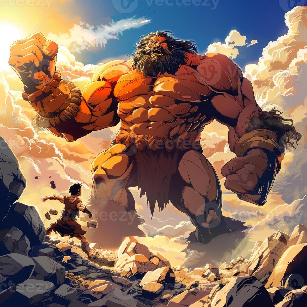 young David stands bravely before the towering Goliath challenging the giant amid a rugged landscape and dynamic clouds during a crucial moment in biblical history. photo