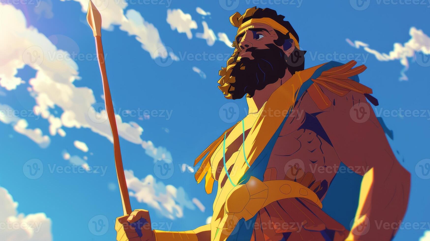In a powerful moment from the biblical story Goliath stands confidently with a spear showcasing his imposing stature and warrior attire against a stunning blue sky. photo