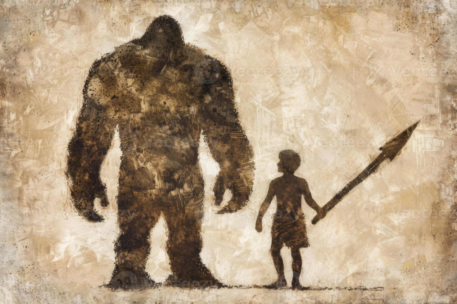 small boy stands fearlessly before a giant holding a spear representing the biblical story of David and Goliath. This encounter symbolizes bravery and the struggle against formidable odds. photo