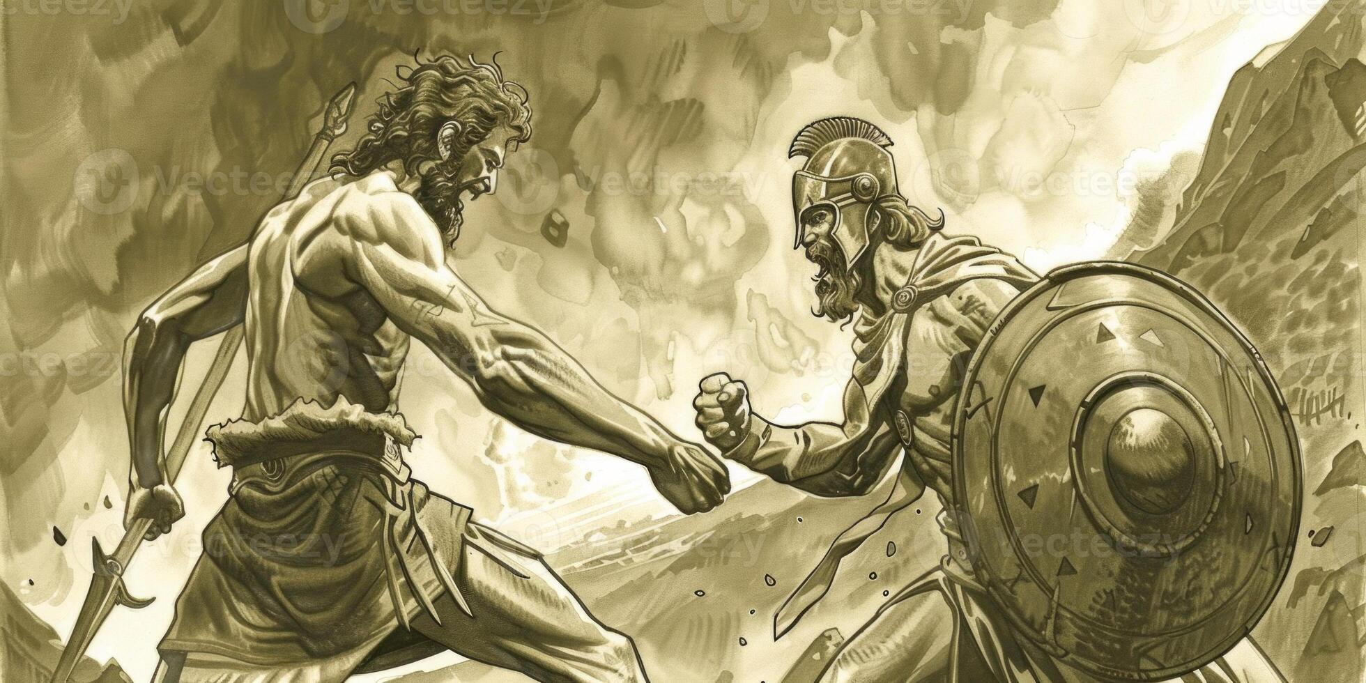 young shepherd David faces the imposing giant Goliath preparing for their historic battle amidst a dramatic landscape filled with tension and expectation. photo