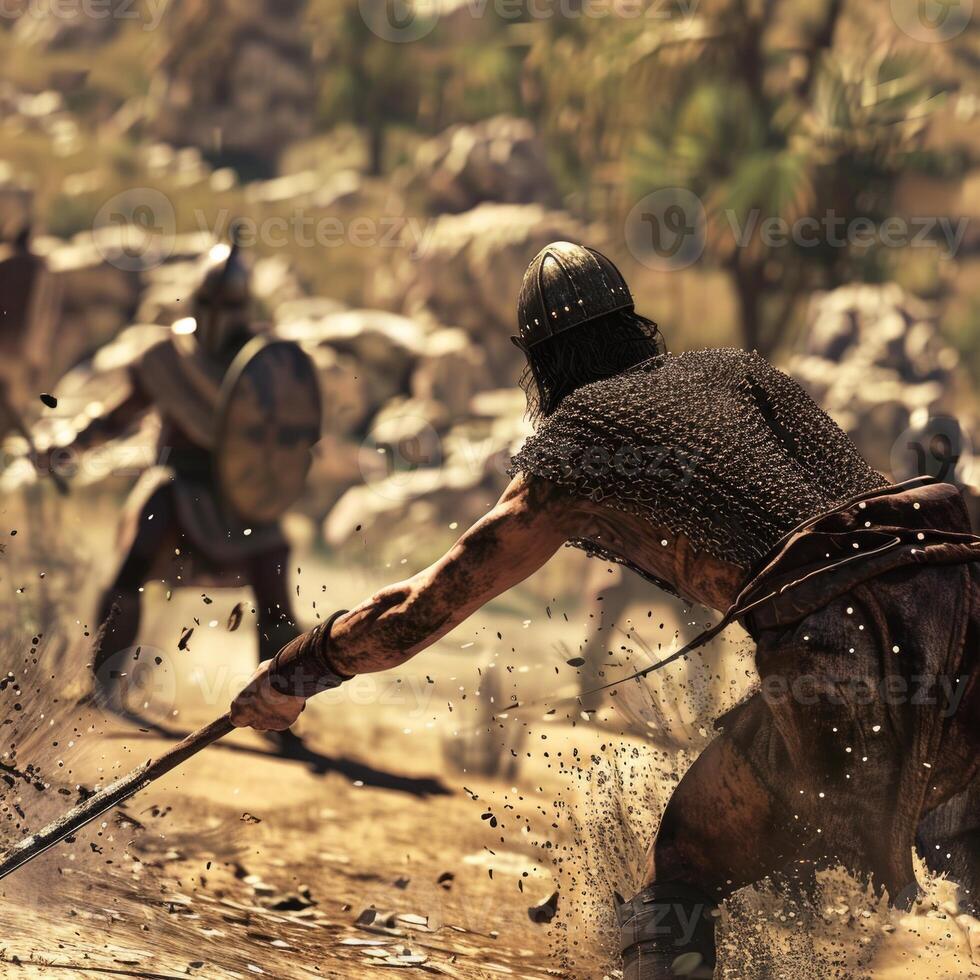 In an ancient setting a young warrior aims a sling at a towering opponent symbolizing the epic struggle between courage and power in biblical history. photo