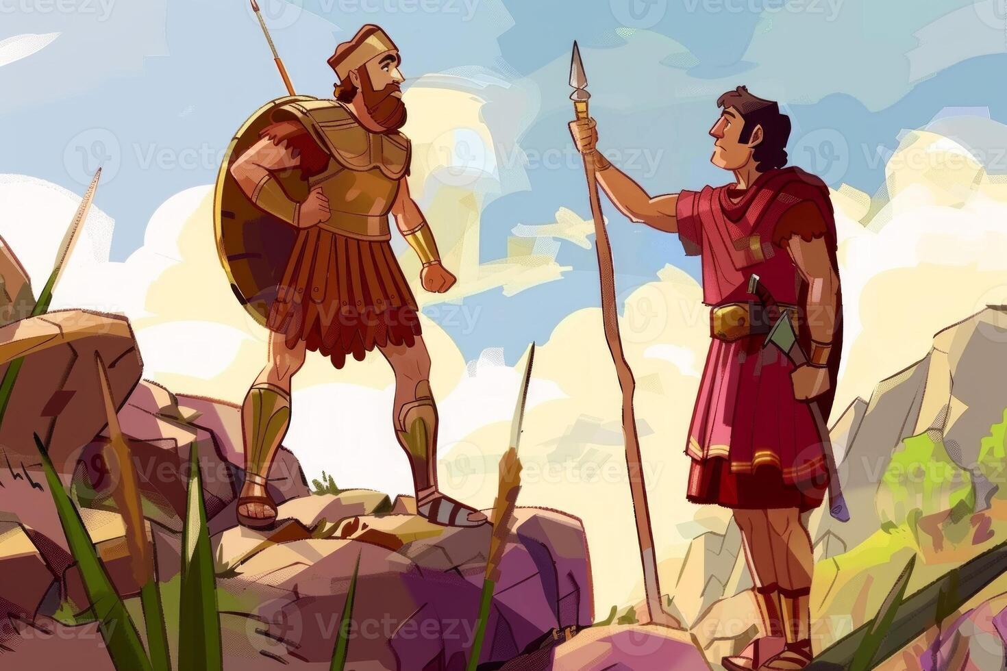 David stands confidently before Goliath armed with a sling and determined demeanor. The dramatic clash of faith unfolds in a picturesque mountainous setting. photo