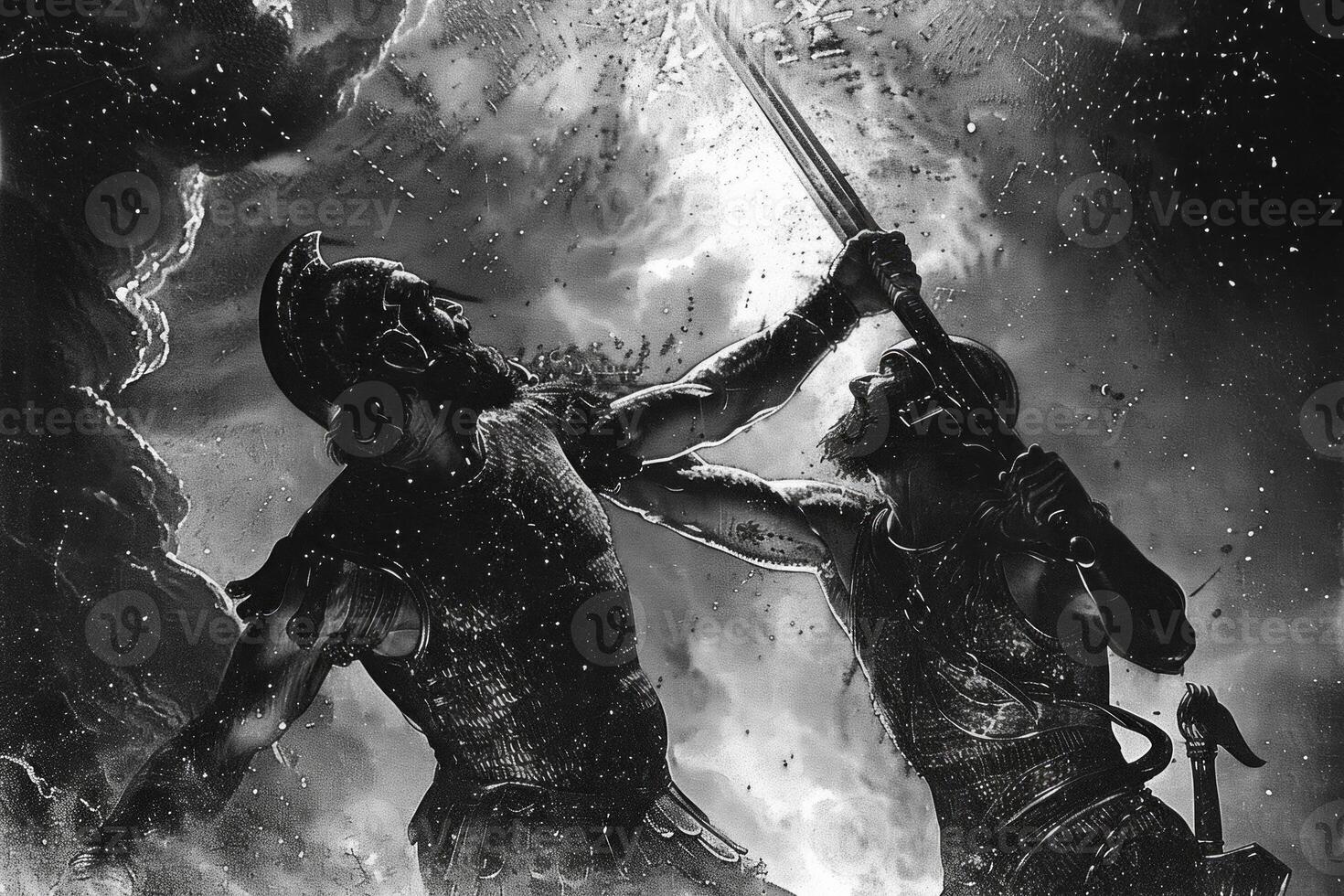 In an intense confrontation David clashes with the giant Goliath illuminated by dramatic lightning symbolizing courage against overwhelming odds in ancient times. photo