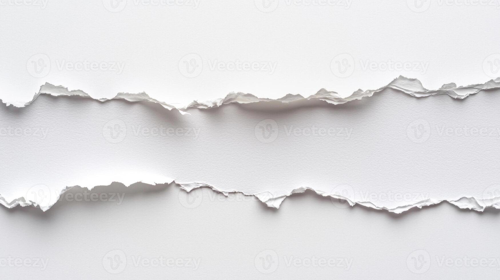 pristine white sheet features a clean horizontal tear creating a unique visual space perfect for text insertion. This minimalist design highlights subtle shadows for added depth. photo