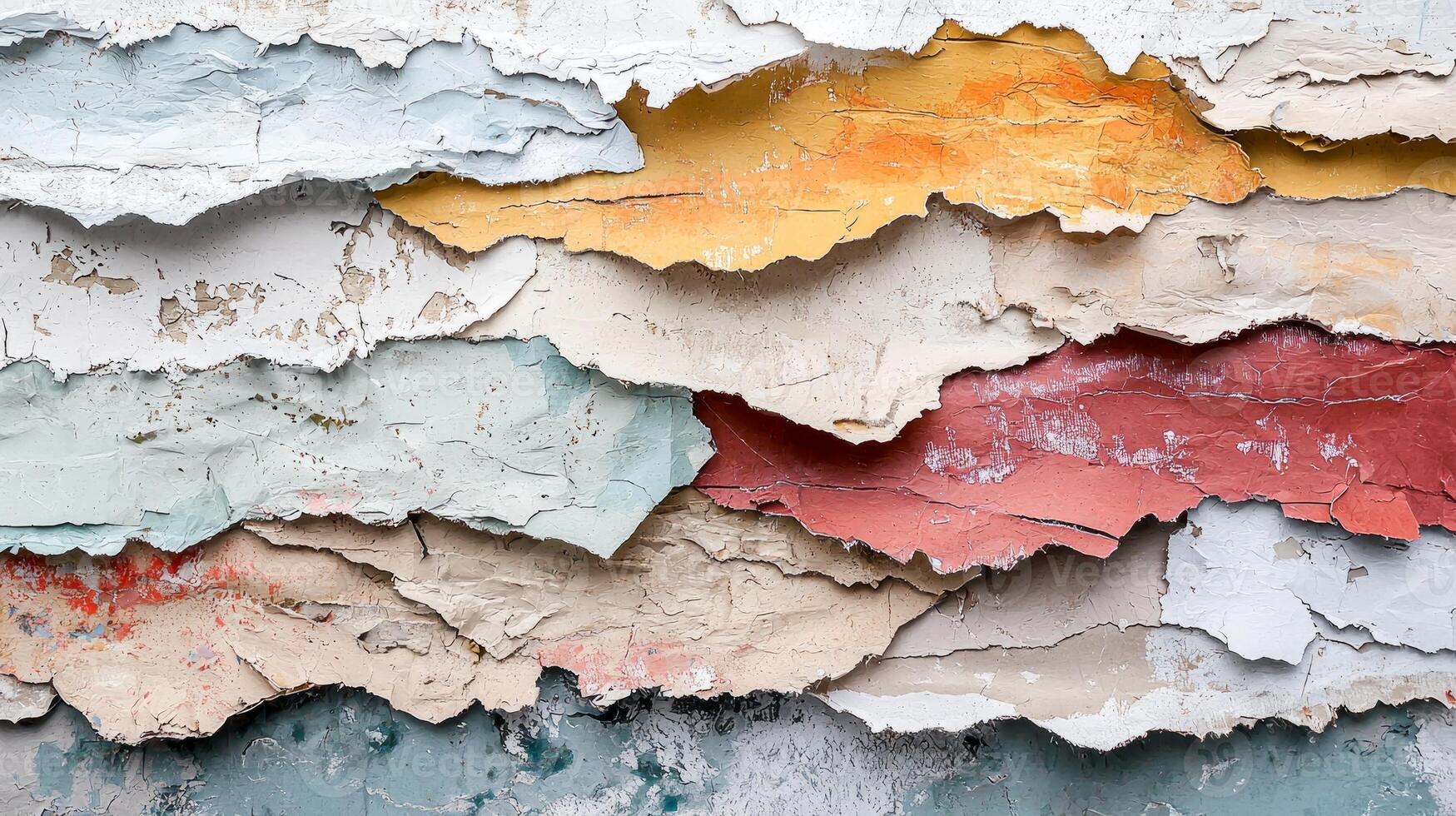 intricate arrangement of overlapping torn paper textures in various colors forms a dynamic abstract backdrop perfect for artistic expressions and creative projects. photo