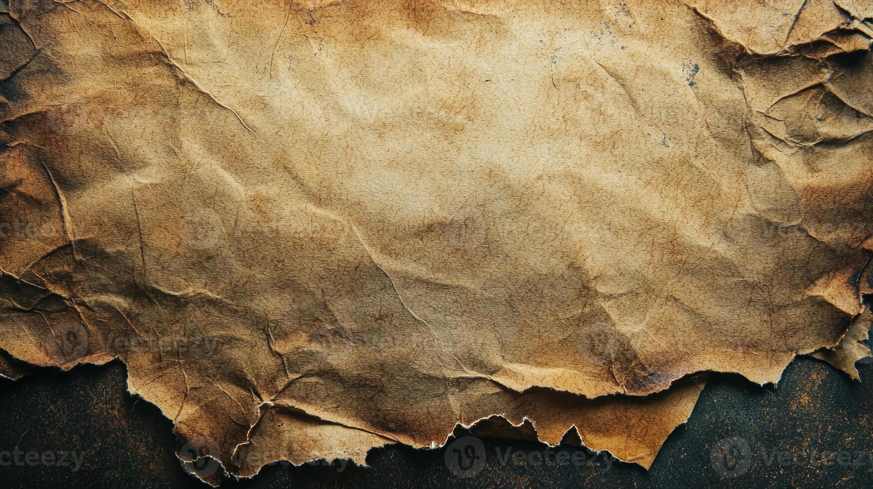 vintage style piece crumpled paper featuring slightly burnt edges rests on rustic background capturing a sense of nostalgia and artistic expression perfect for creative projects. photo
