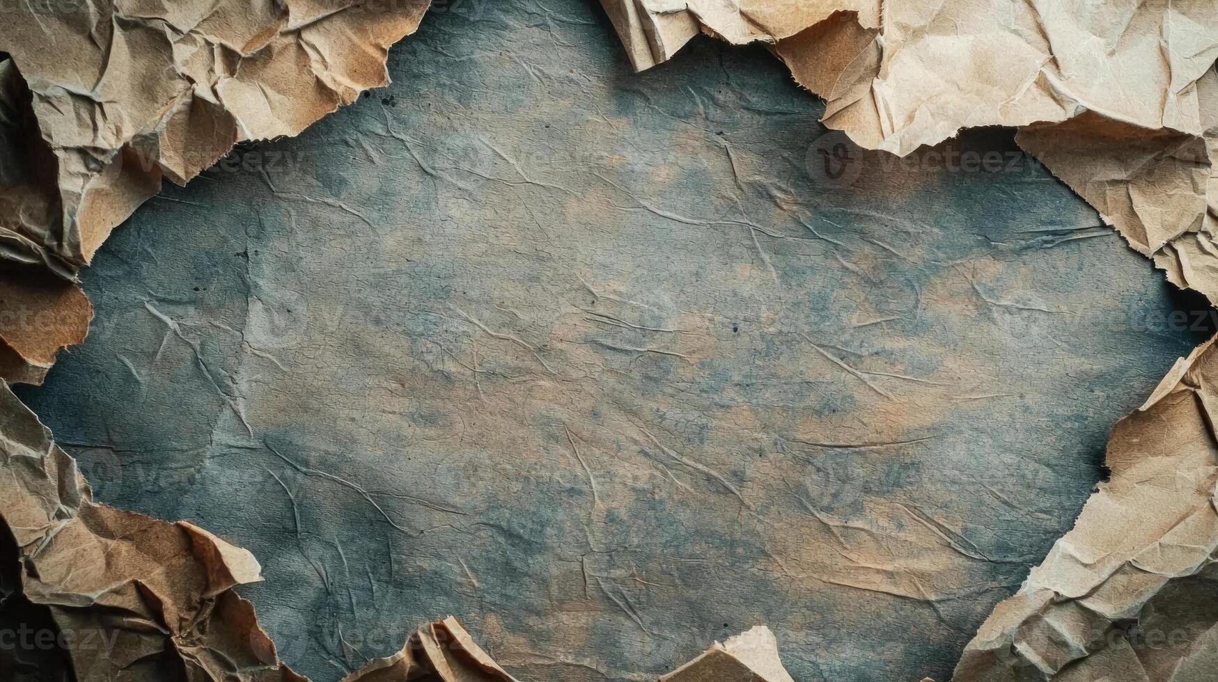 backdrop showcases a crumpled sheet of paper with burnt edges intricately torn to reveal a vintage aesthetic. This adds depth and character to creative projects. photo