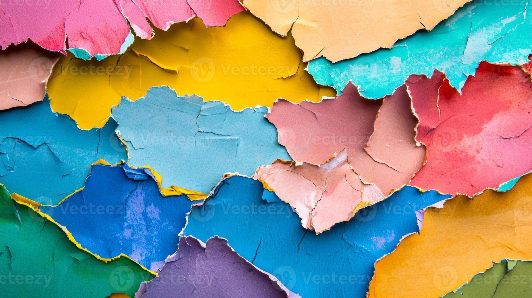 captivating arrangement of multicolored torn paper pieces forms a dynamic and textured backdrop perfect for various creative designs and artistic endeavors. photo