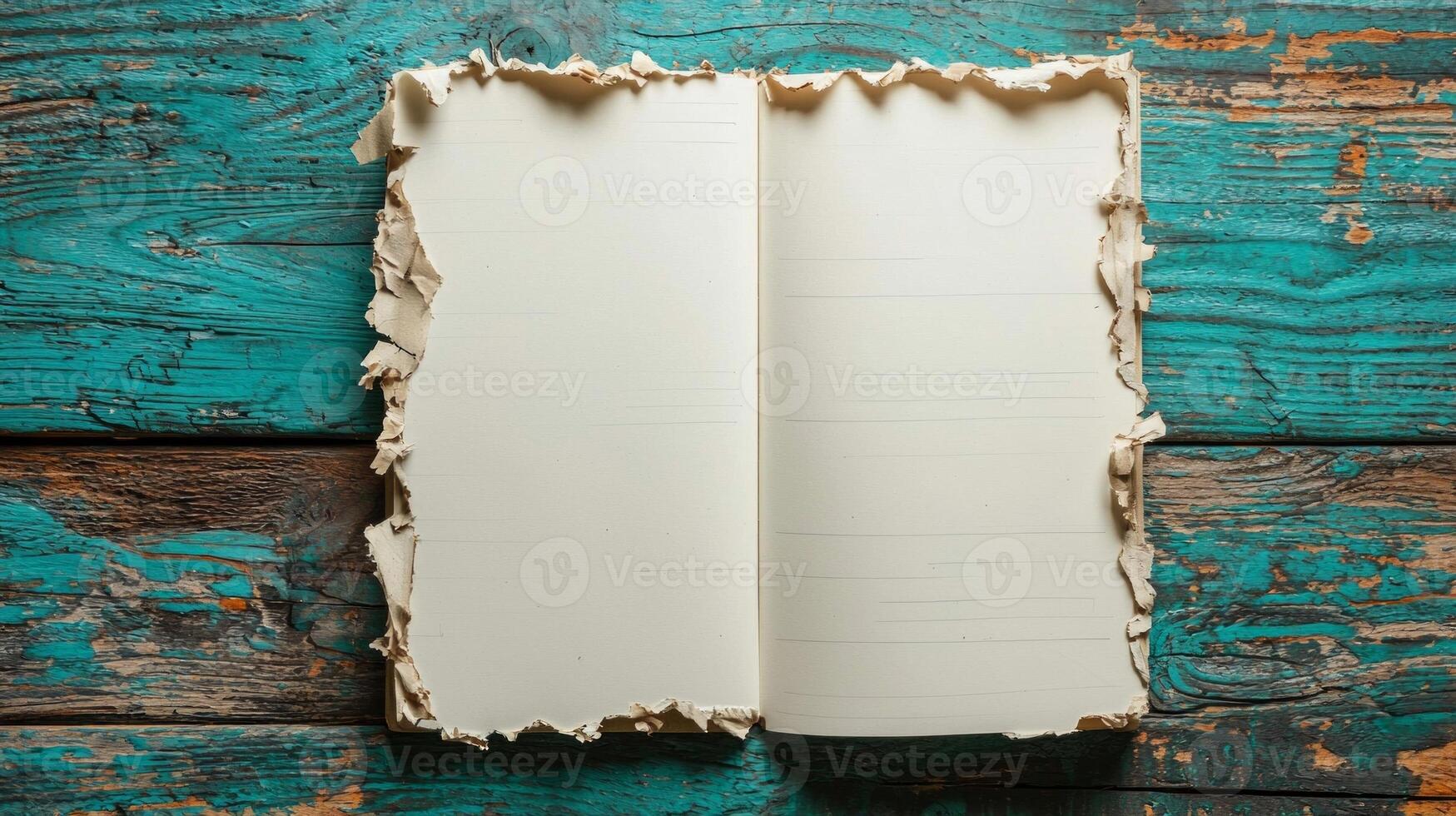 torn notebook with rugged edges rests on a vintage wooden table drenched in warm natural light capturing a moment of inspiration and reflection. photo