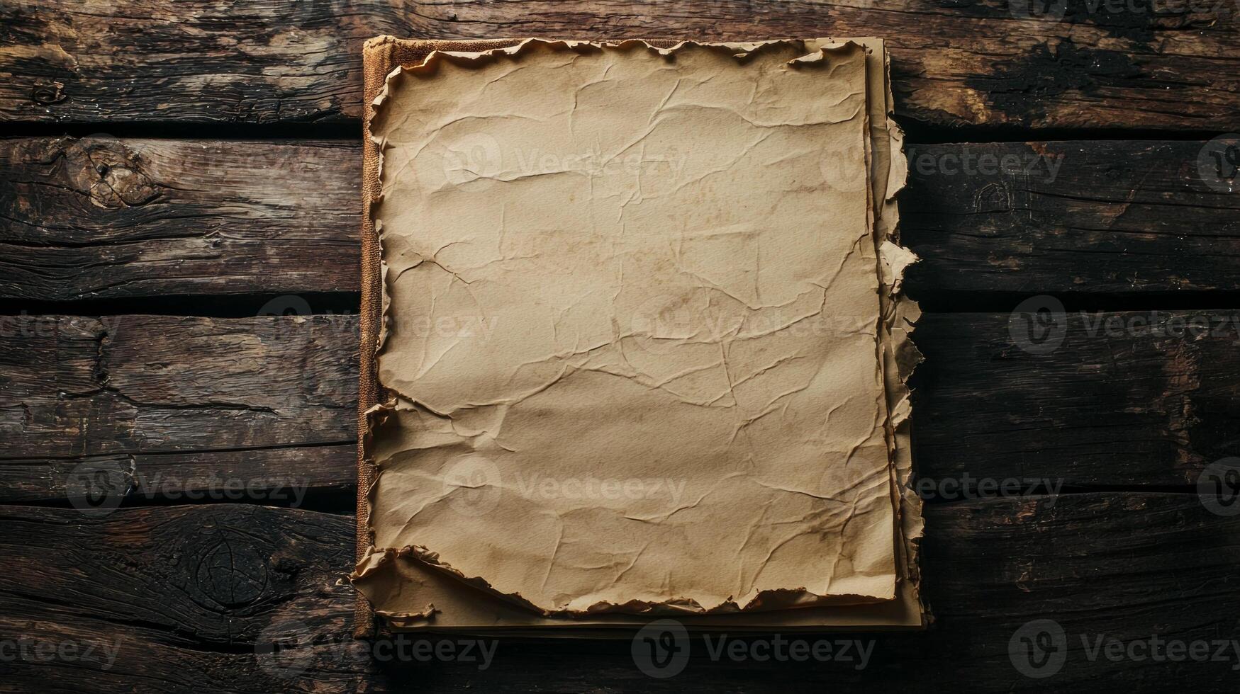 rugged edges torn notebook paper lay prominently on a weathered wooden table beautifully highlighted by warm natural lighting that enhances its texture and age. photo