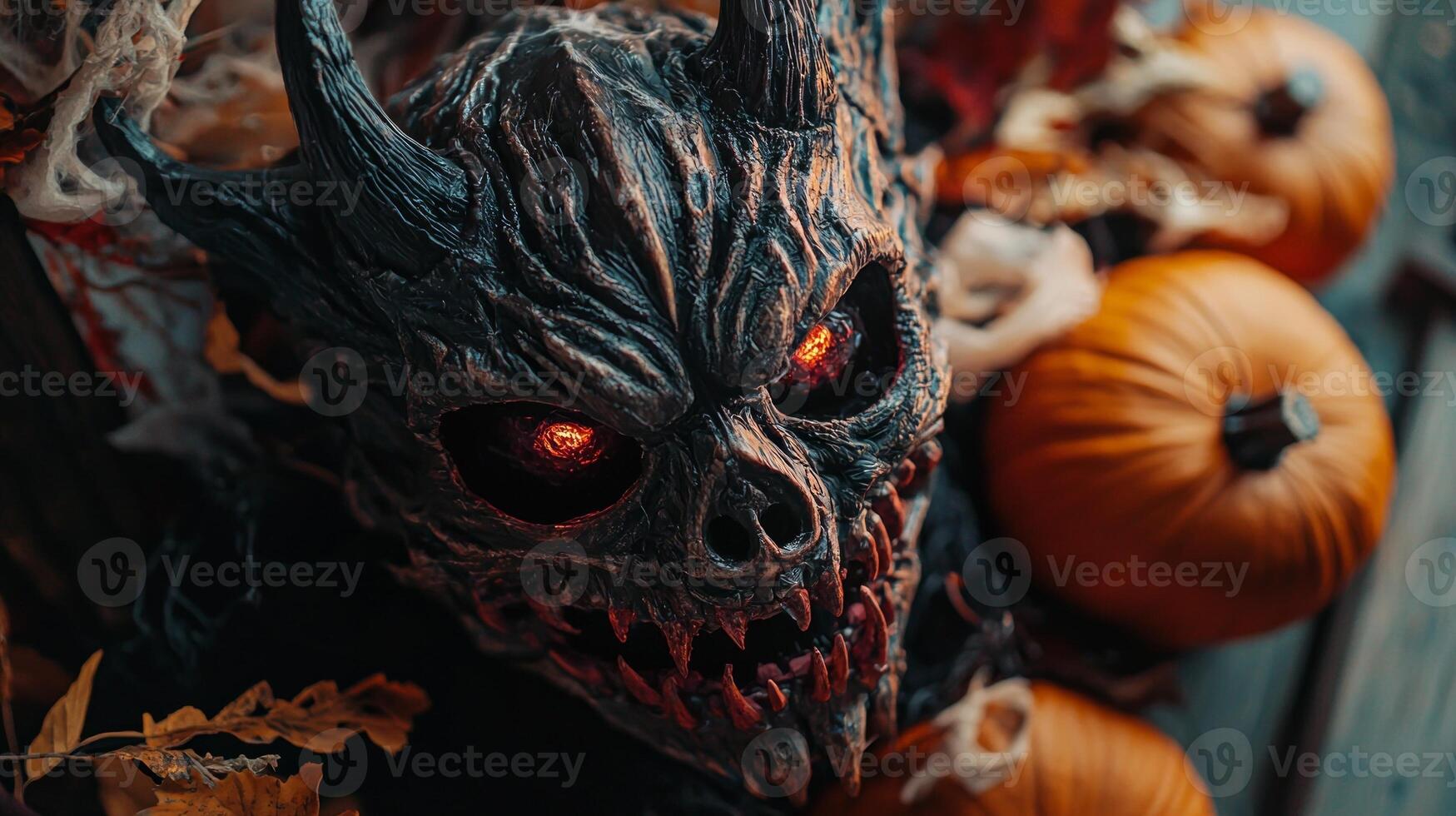striking flat lay composition showcases a terrifying demon mask with glowing eyes nestled among vibrant pumpkins and autumn leaves perfect for Halloween decorations. photo