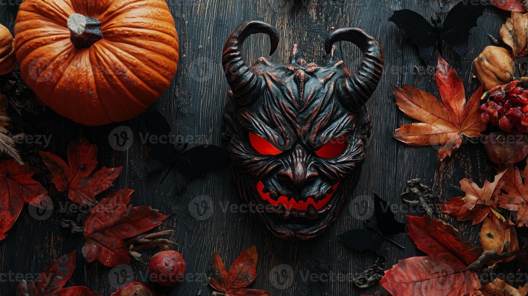 scary demon mask rests near an orange pumpkin surrounded by colorful autumn leaves and decorative bats perfect for Halloween festivities and celebrations. photo