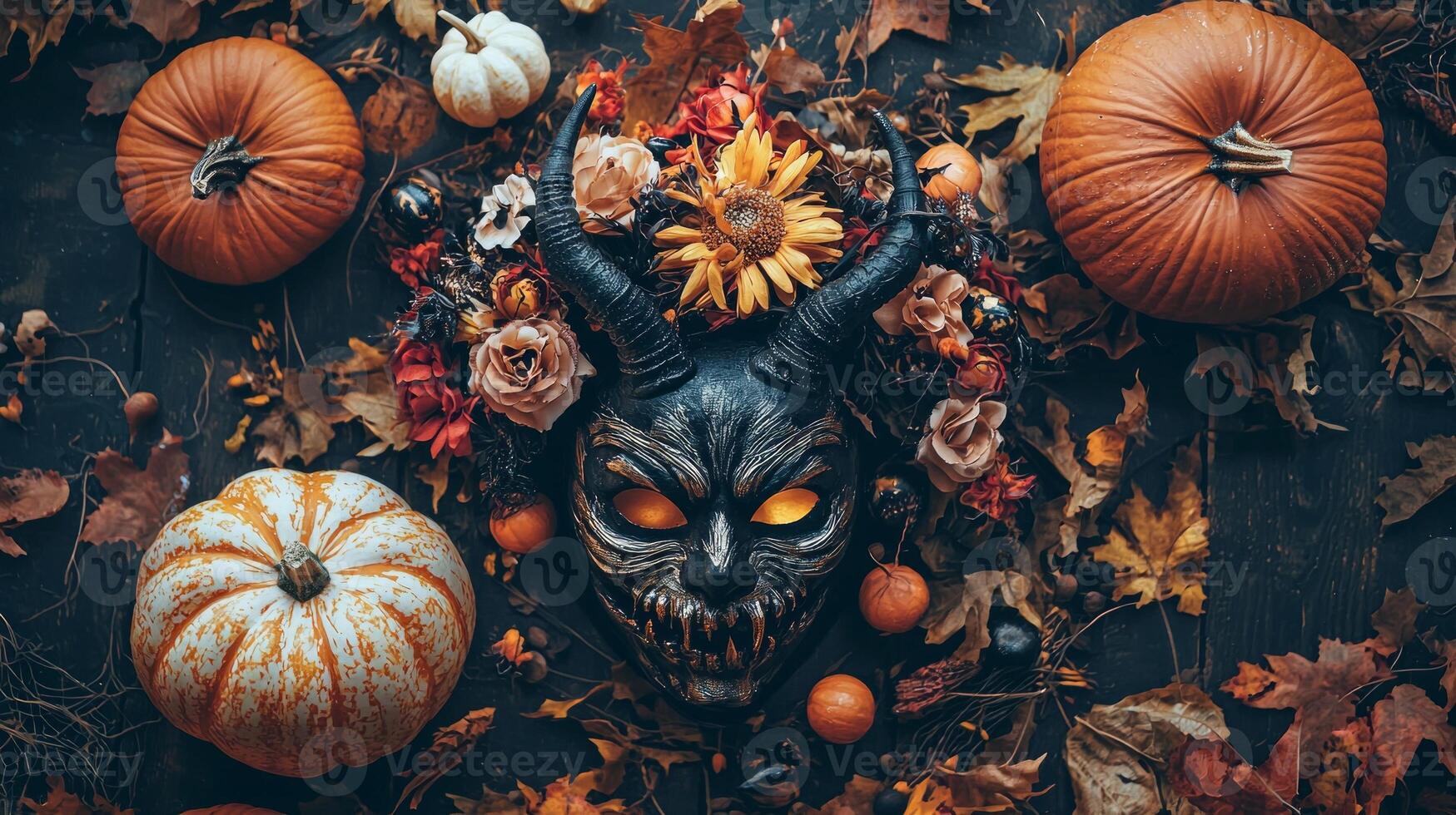 detailed flat lay showcases a frightening demon mask surrounded by pumpkins autumn leaves and decorative flowers creating an eerie Halloween ambiance perfect for festive decor. photo