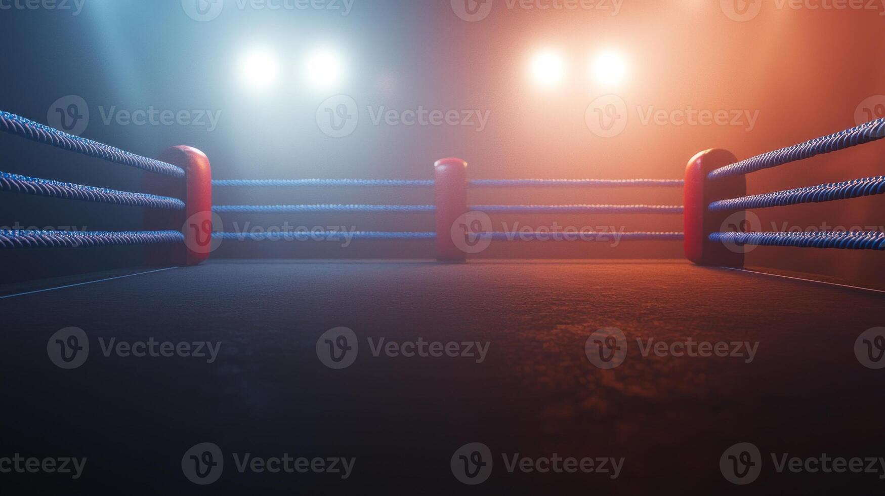 boxing ring is beautifully lit with vibrant spotlights highlighting the striking blue production ropes that stretch parallel across the canvas creating an electrifying atmosphere. photo