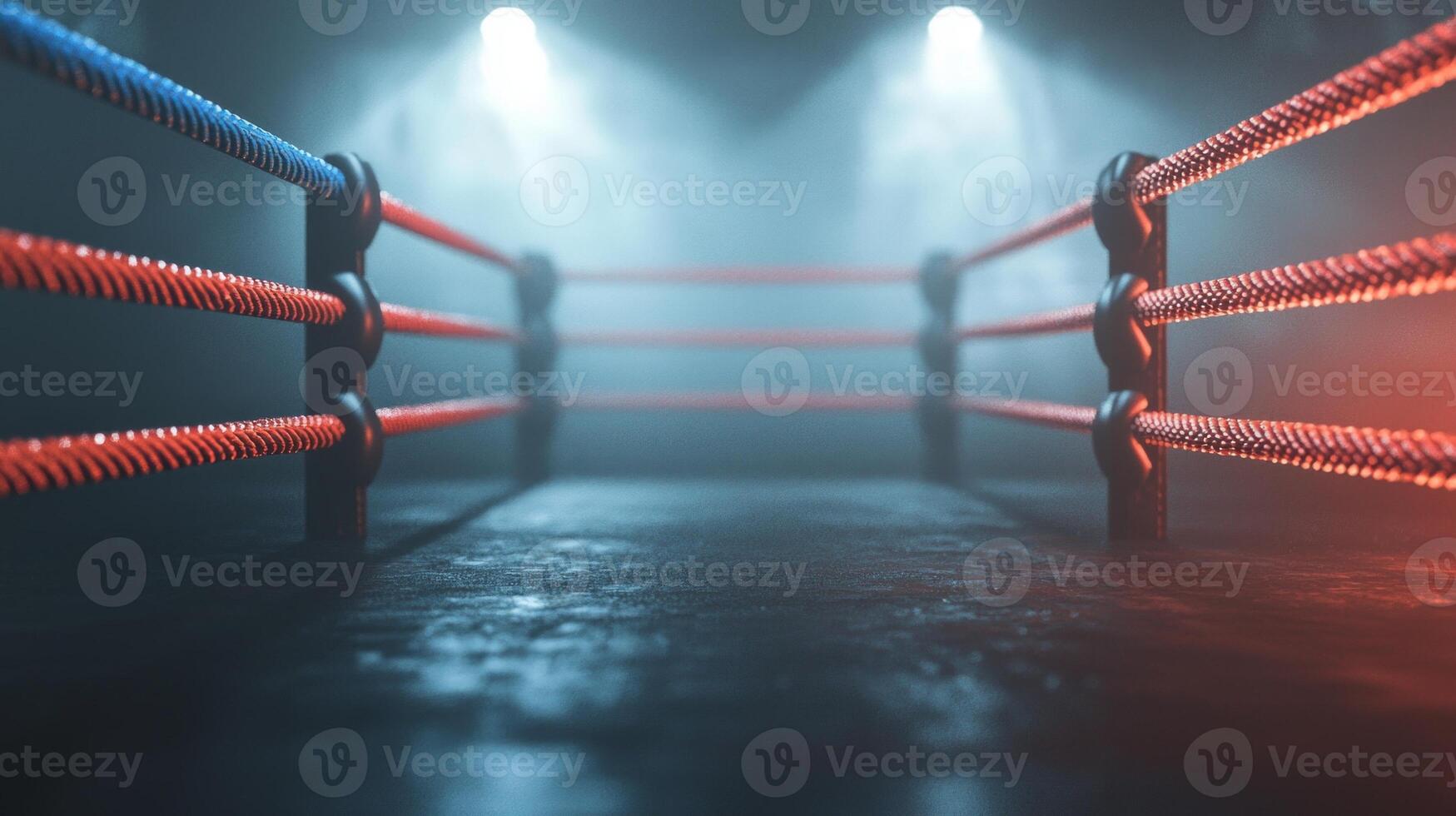 boxing ring is set and ready with vibrant red and blue ropes creating an atmosphere of anticipation. Soft lighting casts shadows inside the venue enhancing the mood. photo