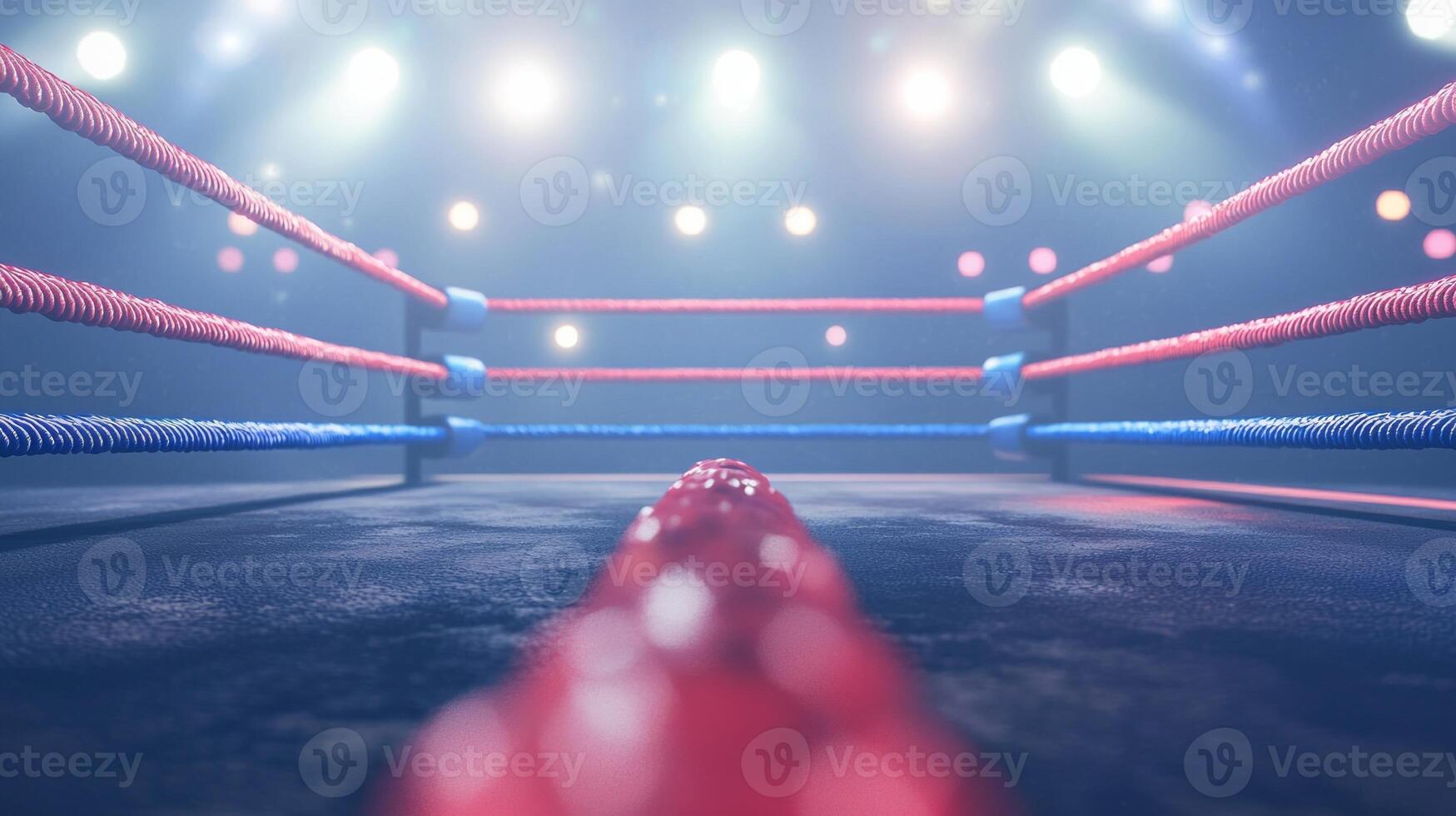 boxing ring is illuminated by bright lights showcasing the colorful production ropes. The setup suggests an event ready to unfold soon in the arena. photo