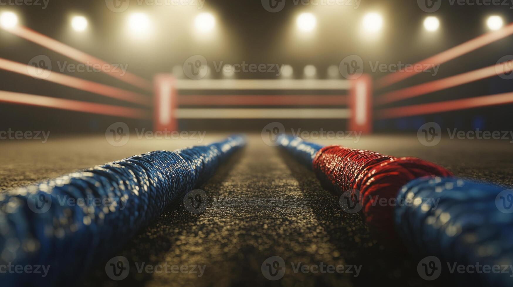 ropes of a boxing ring stretch parallel along the ground illuminated by bright arena lights creating a dynamic atmosphere for an upcoming boxing match. photo
