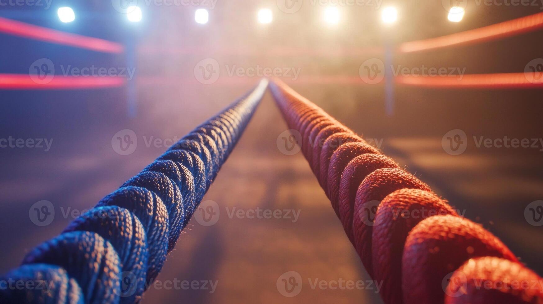 vibrant boxing ring ropes stretch parallel lit dramatically by overhead lights creating an electrifying atmosphere for athletes and spectators alike. photo