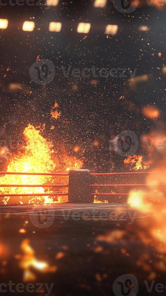 atmosphere is electrifying as a boxing ring is dramatically illuminated by flames setting the stage for an intense night of competitive fighting and excitement. photo
