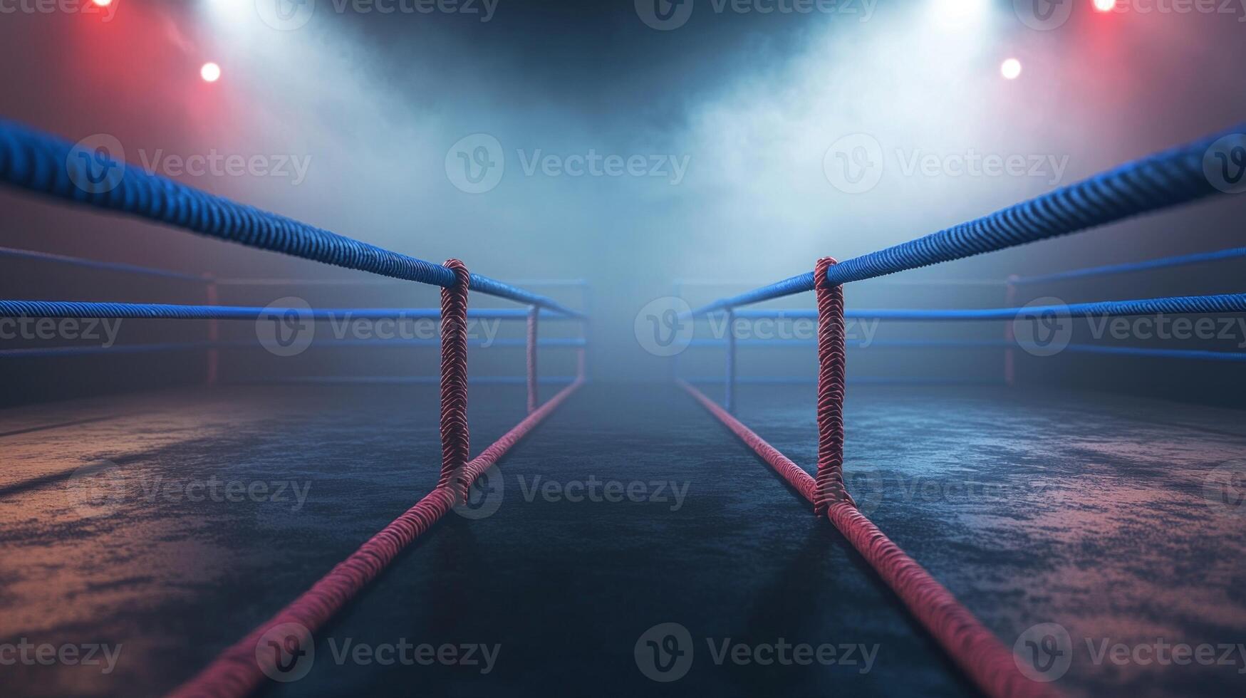 boxing ring stands ready for action illuminated by dramatic lighting as mist swirls around. The colorful ropes outline a space filled with anticipation and excitement. photo