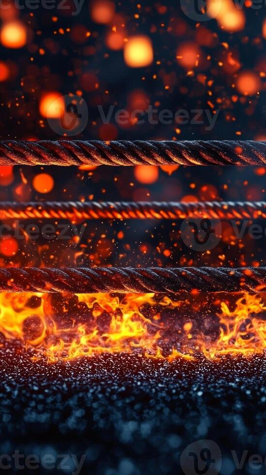 boxing ring is engulfed in vibrant flames creating a dramatic atmosphere. Lights dance around enhancing the energy of the night as fighters prepare for battle. photo
