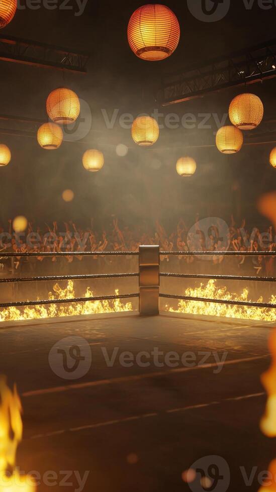 electrifying boxing ring ignited by flames surrounded by glowing lanterns sets the stage for a thrilling night of fighting energizing the captivated crowd. photo