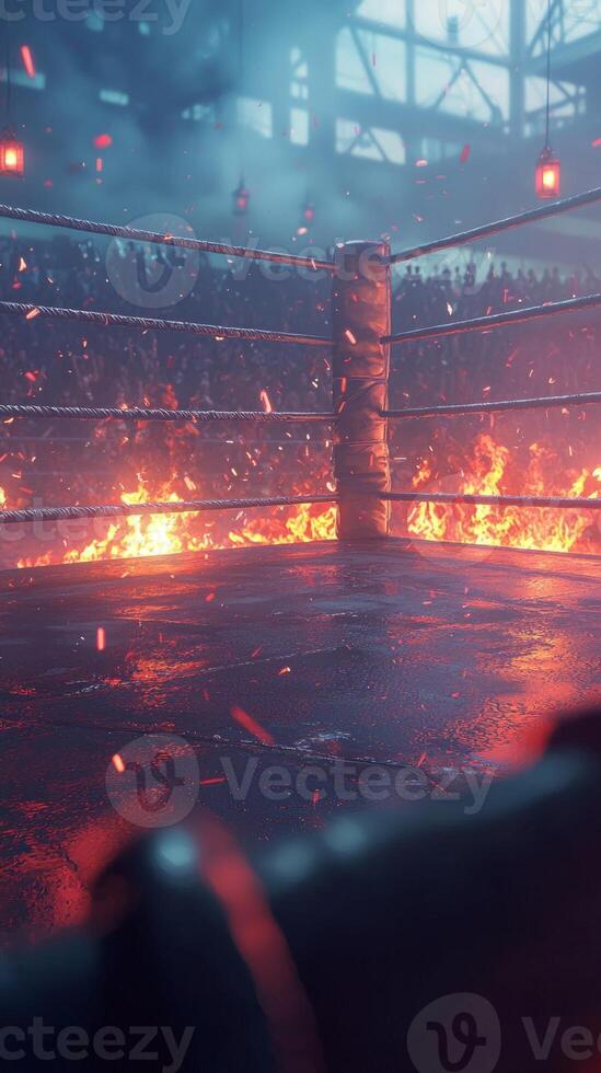 boxing ring is lit dramatically by flames creating an electrifying atmosphere filled with excitement as passionate fans cheer on their favorite fighters at night. photo