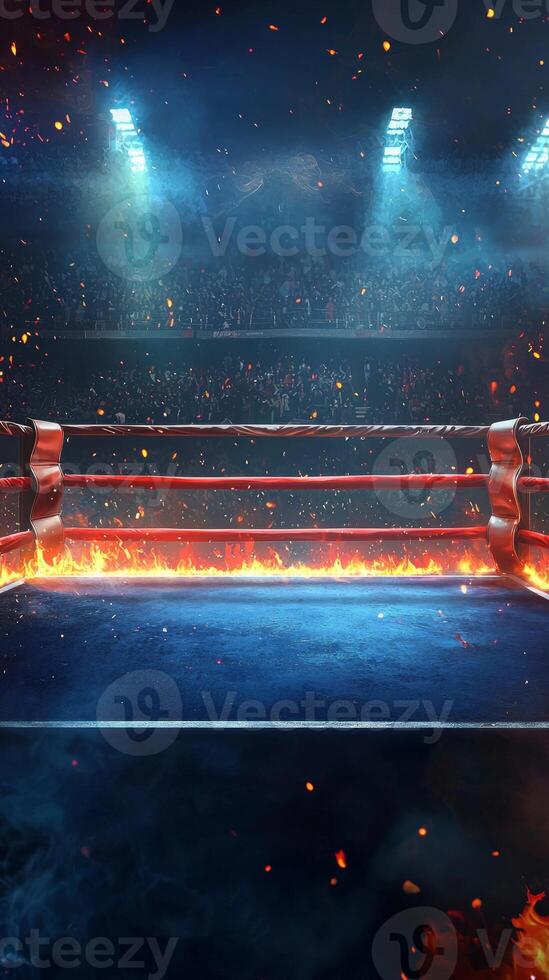boxing ring is illuminated by dramatic lights and surrounded by flickering flames creating an electrifying atmosphere for a fight night event. The anticipation fills the air. photo