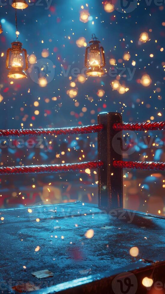 boxing ring is set for an exciting night of fights surrounded by atmospheric lighting and vibrant colors creating a thrilling ambiance for spectators. photo
