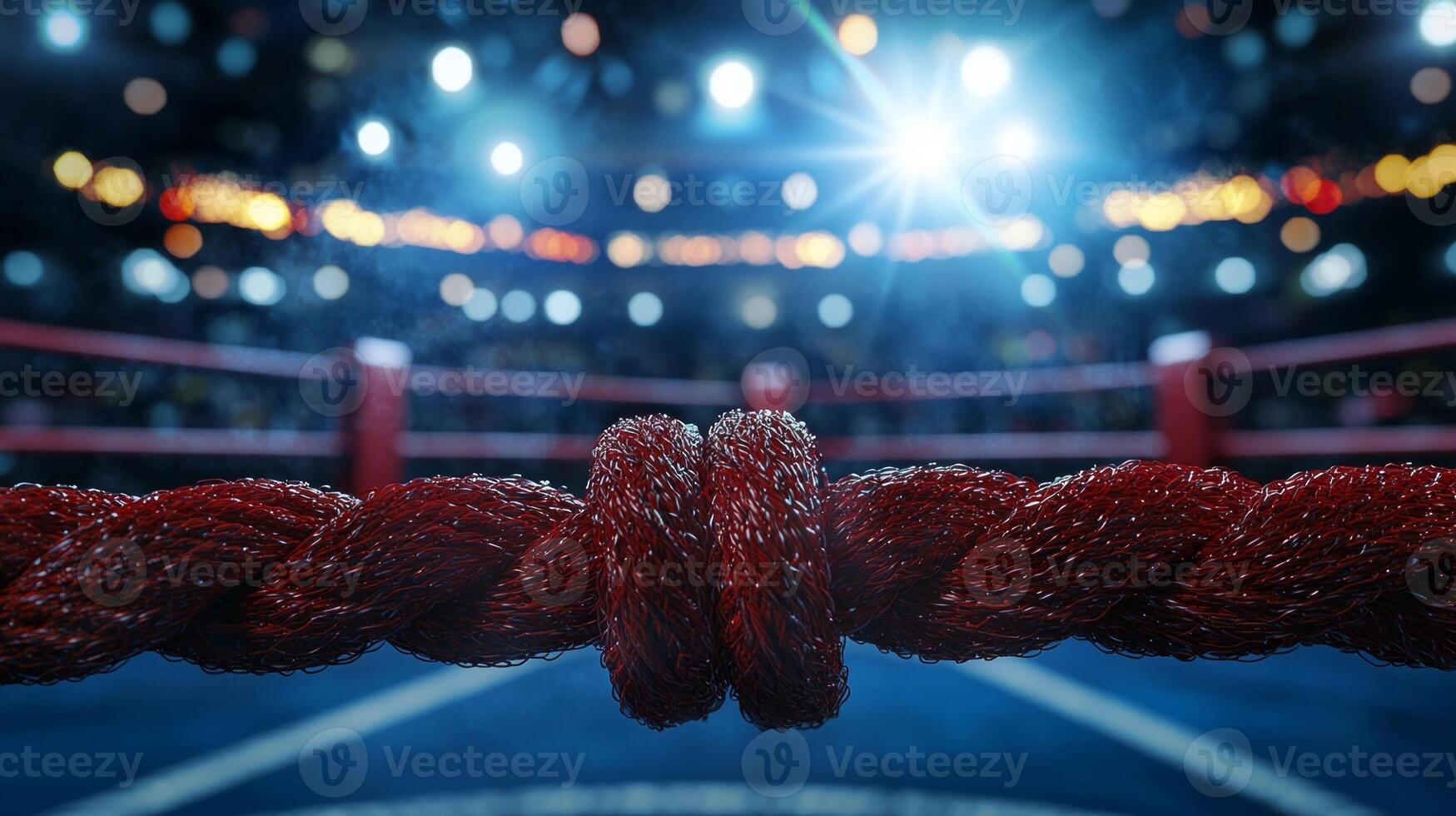 boxing ring with four red ropes tightly stretched illuminated by bright lights in a lively arena capturing the energy of the sport. photo