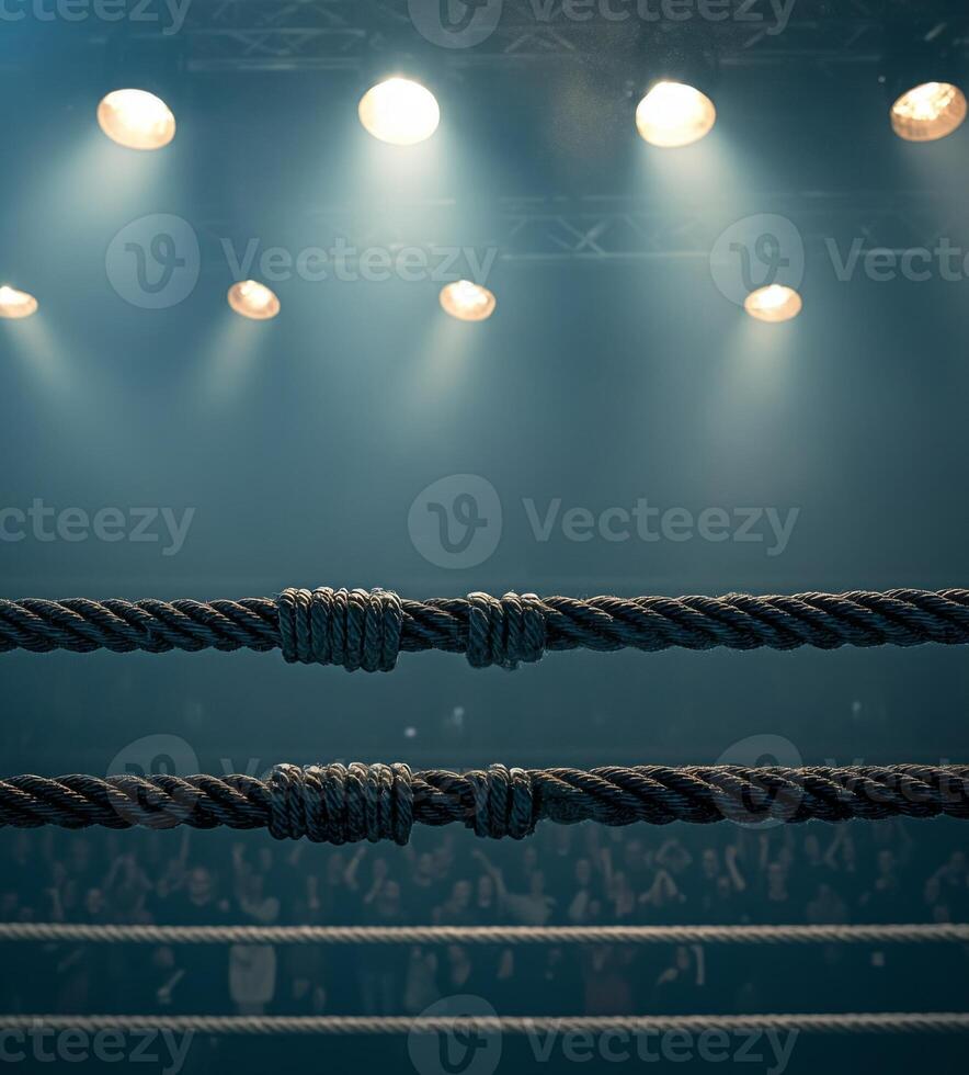 boxing ring features four parallel ropes tightly stretched illuminated by bright lights above. The audiences excitement adds to the charged atmosphere as they await the match. photo