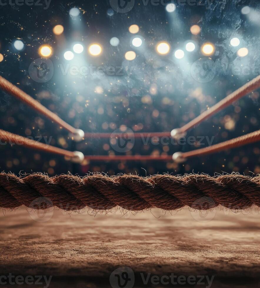 boxing ring features tightly stretched ropes creating a professional setting illuminated by bright lights as the audience eagerly anticipates the match to begin. photo