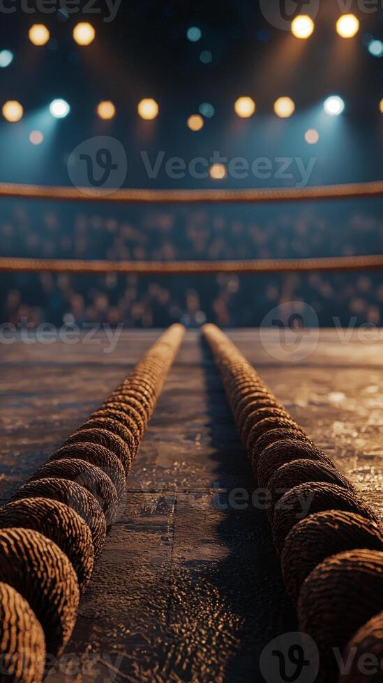 boxing ring features ropes stretched parallel to ground illuminated by warm lights creating a vibrant atmosphere during an exciting night event with cheering spectators. photo
