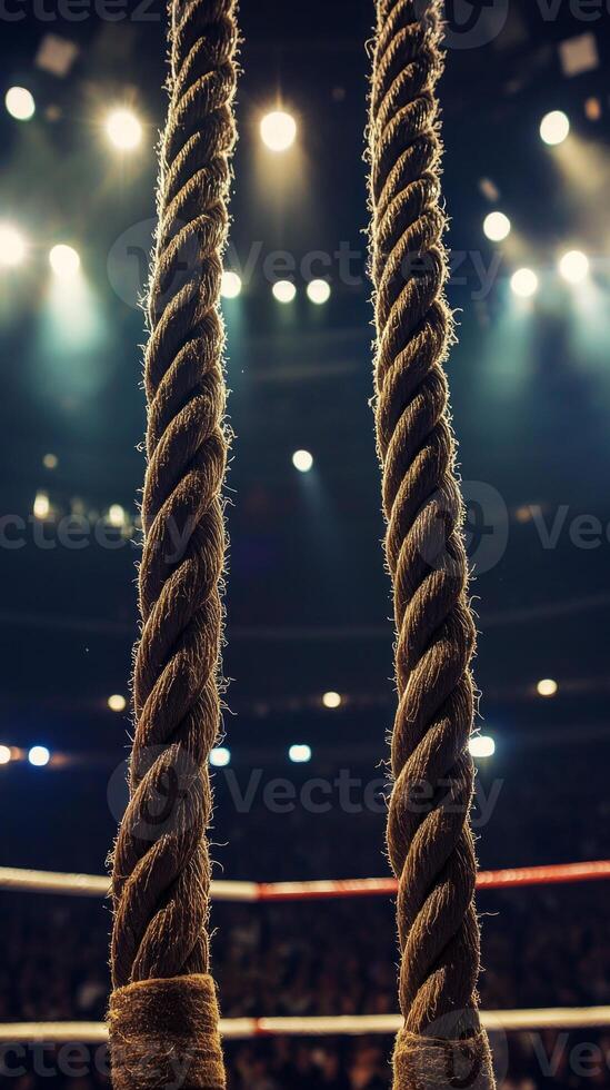 boxing ring ropes tightly pulled in preparation for a match illuminated by dramatic lighting that highlights the venues vibrant atmosphere creating an intense mood. photo