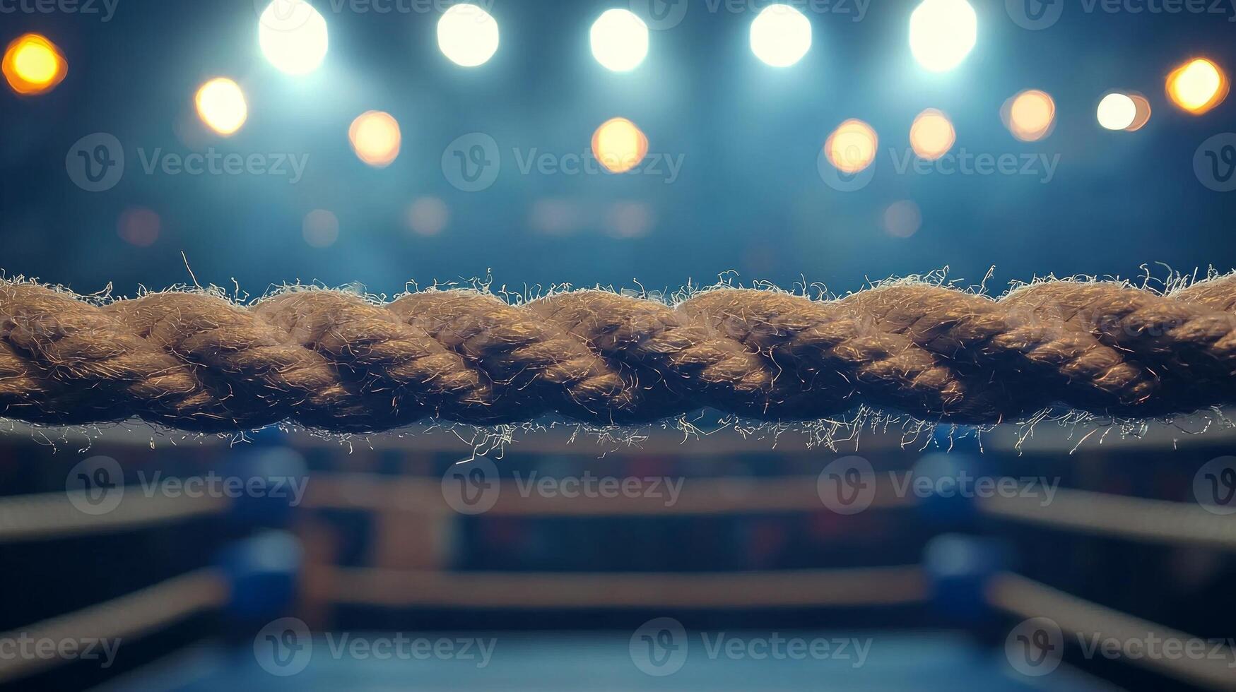 boxing ring ropes are tightly stretched soft glow of lights illuminates the arena setting the stage for an upcoming match filled with anticipation. photo
