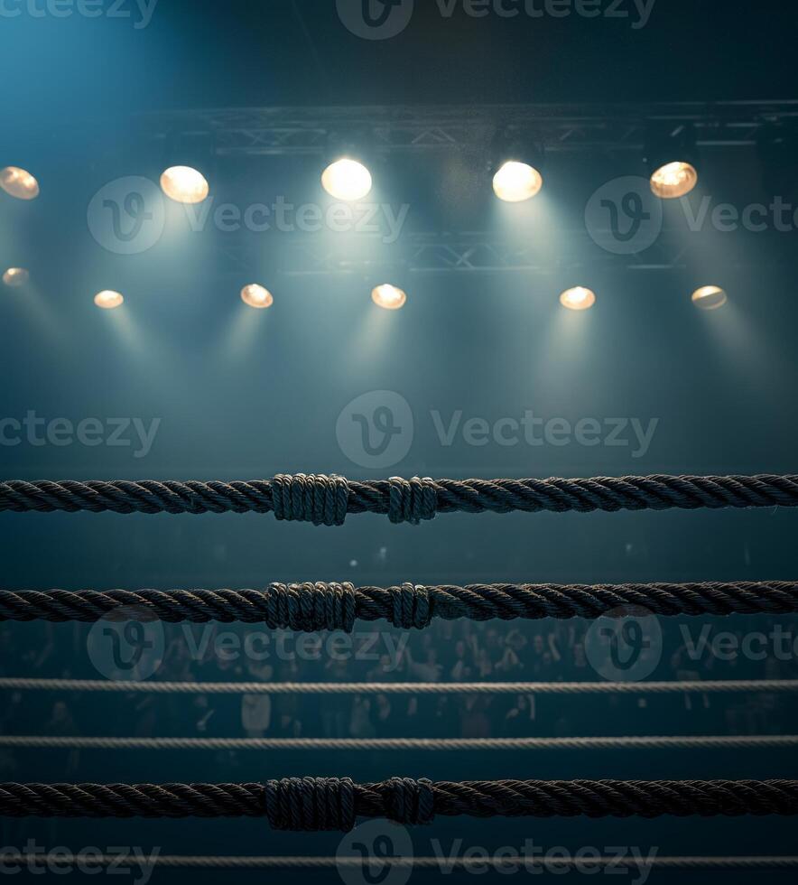 atmosphere in the arena is electric as bright lights shine down on a boxing ring featuring four ropes stretched taut awaiting an exciting event. photo