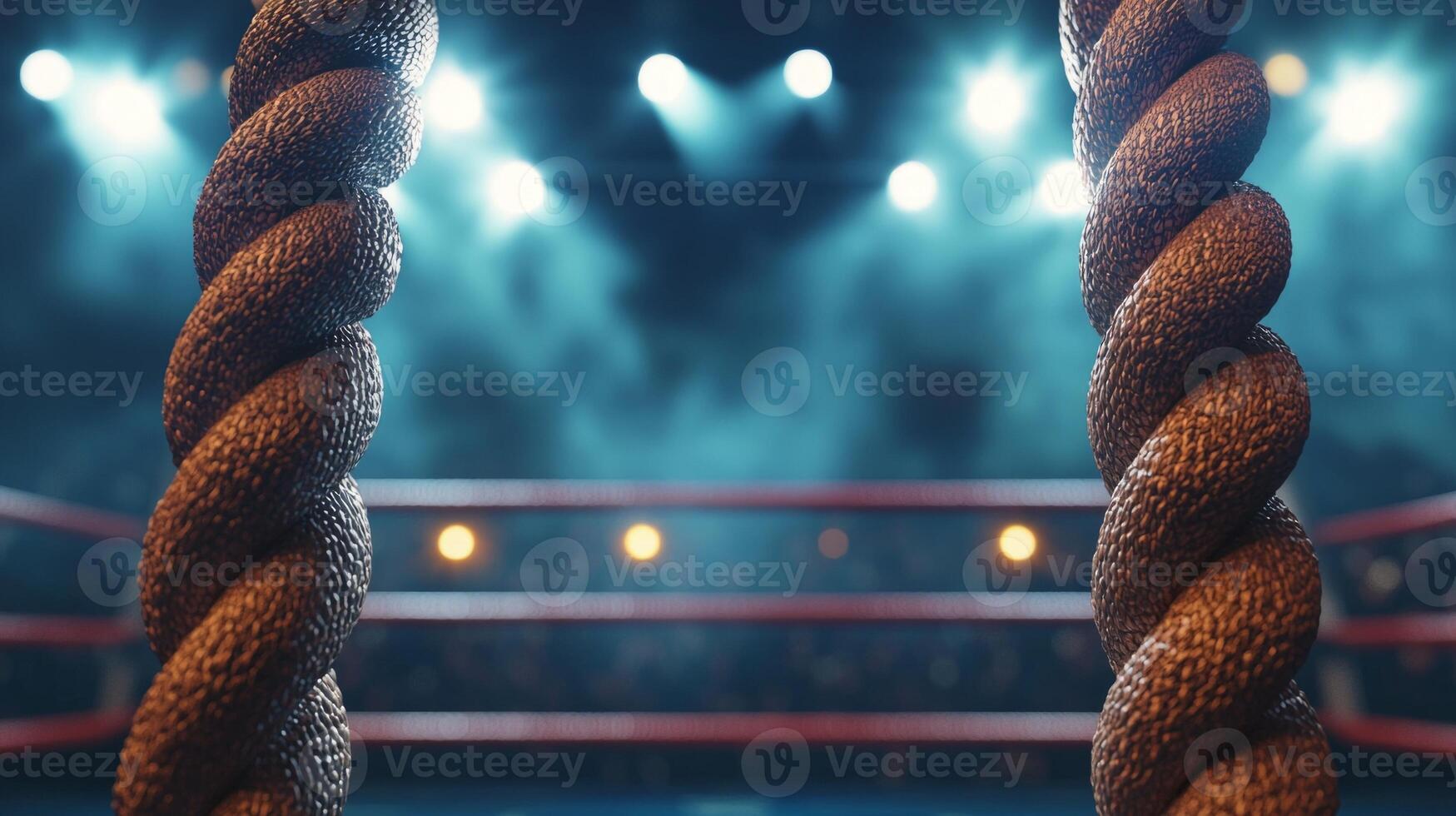 boxing ring showcases four ropes neatly stretched parallel each other backlit by dramatic lights in refined arena setting signaling an exciting match on the horizon. photo
