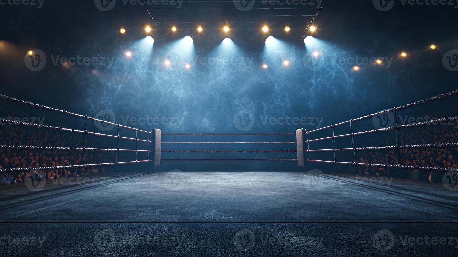 boxing ring is set with its ropes tightly stretched illuminated by bright lights creating an intense atmosphere in front of an eager audience. photo