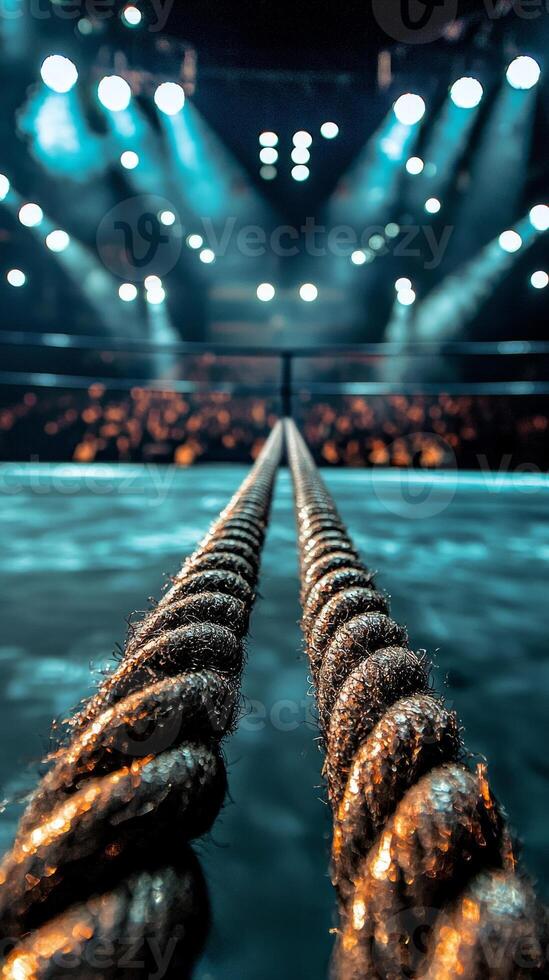 Boxing ring ropes are seen stretched tightly in a well lit arena setting the stage for an exciting match while fans eagerly await the action. photo