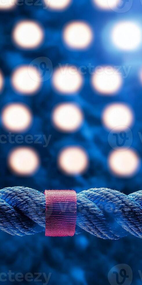 Illuminated ropes stretch across a stylized ring casting a dramatic background of soft glowing lights enhancing the thrilling atmosphere of the performance. photo