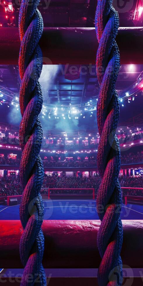boxing ring is brightly lit surrounded by cheering fans with three thick ropes framing the view. The atmosphere is electric as the event unfolds in the arena. photo