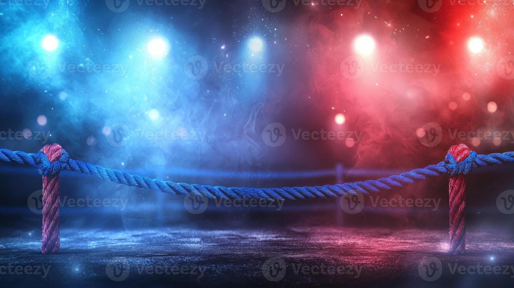atmosphere is electric as three vibrant ring ropes anchor the illuminated boxing ring surrounded by colorful lighting effects. Excitement fills the air during a thrilling contest. photo