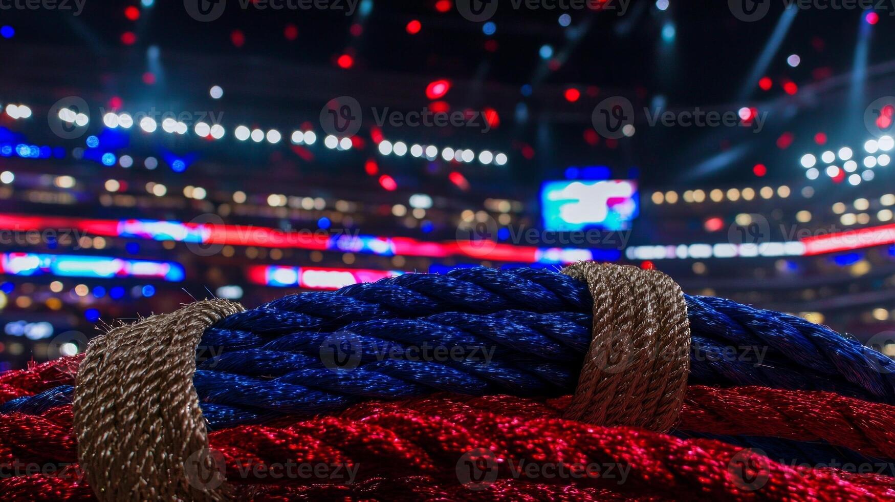 Vibrant blue red and gold ropes are positioned in a ring glimmering under the arena lights ready for the upcoming action packed event. photo