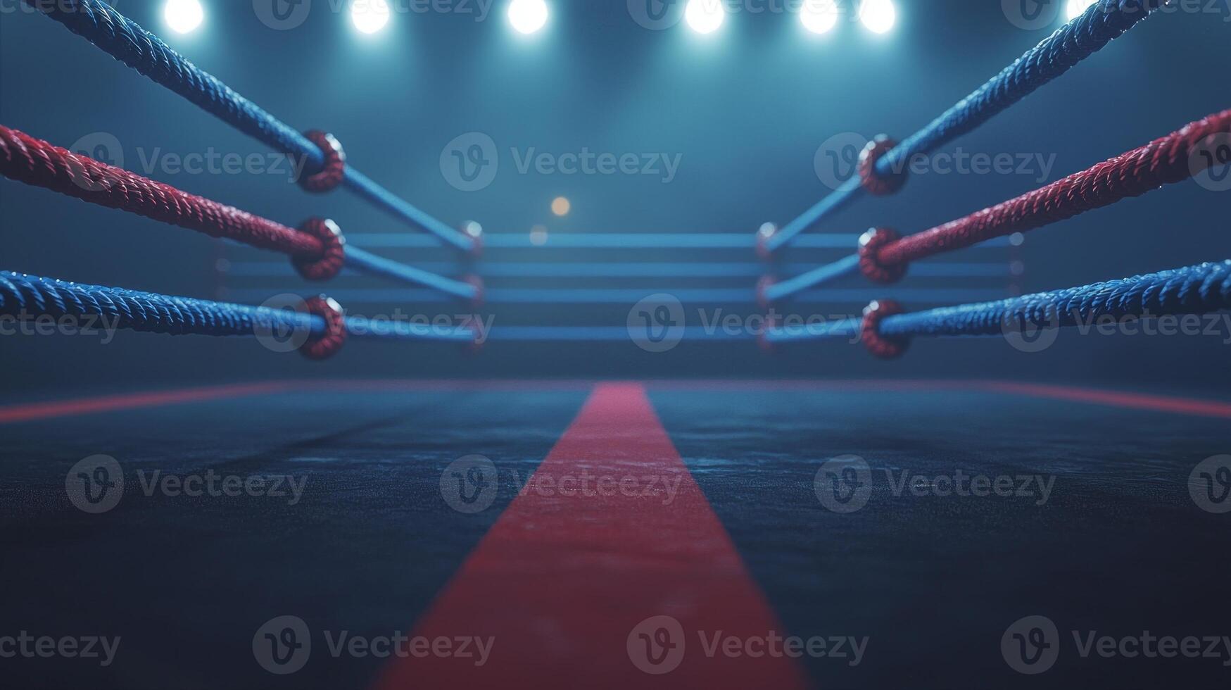 boxing ring features three parallel ropes in red and blue set in a darkened arena. Bright lights overhead create an anticipation for the upcoming match. photo
