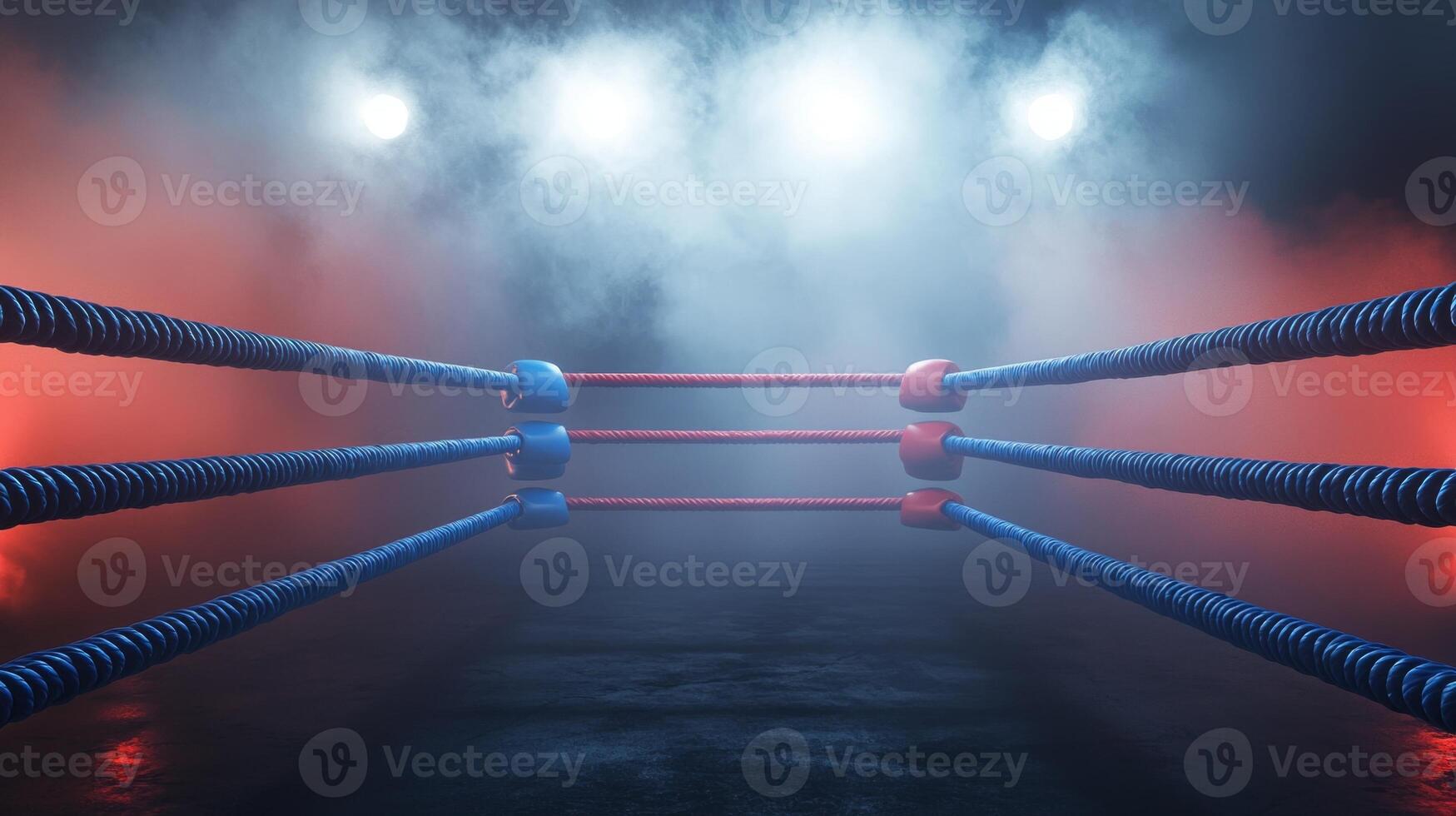boxing ring is prepared for intense match featuring red and blue ropes and bathed in atmospheric lighting with smoke effects creating a suspenseful atmosphere. photo