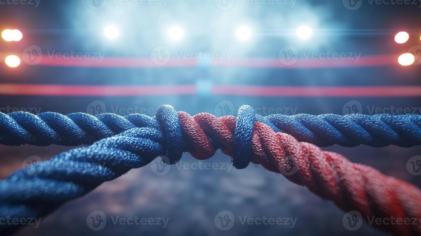image captures the intricately twisted ropes boxing ring highlighting two blue ropes alongside a red one illuminated by surrounding bright lights creating an intense atmosphere. photo